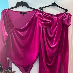 Fuchsia Velour set. Bodysuit and pencil skirt.